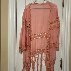 Do Everything In Love Peach Crochet Fringe Kimono Cardigan One Size
